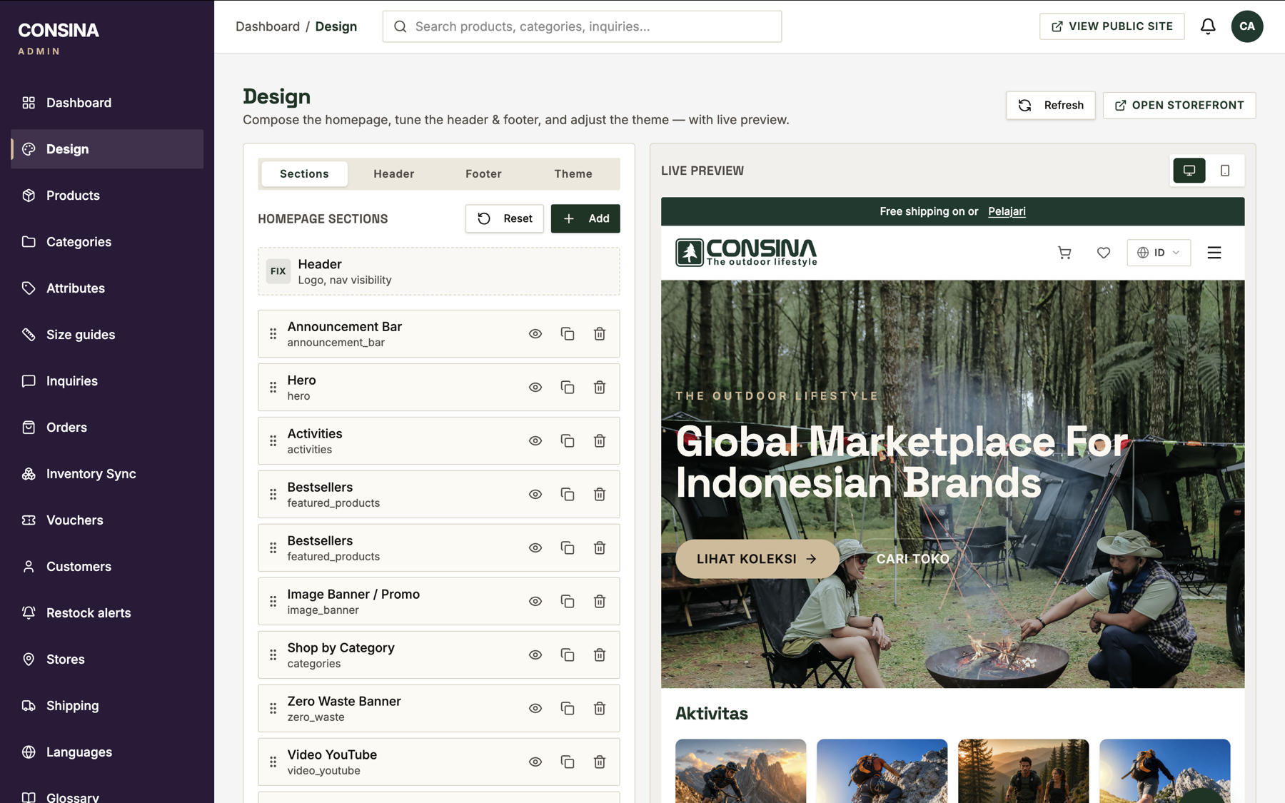 Admin Design Consina dengan pengaturan section dan live preview storefront