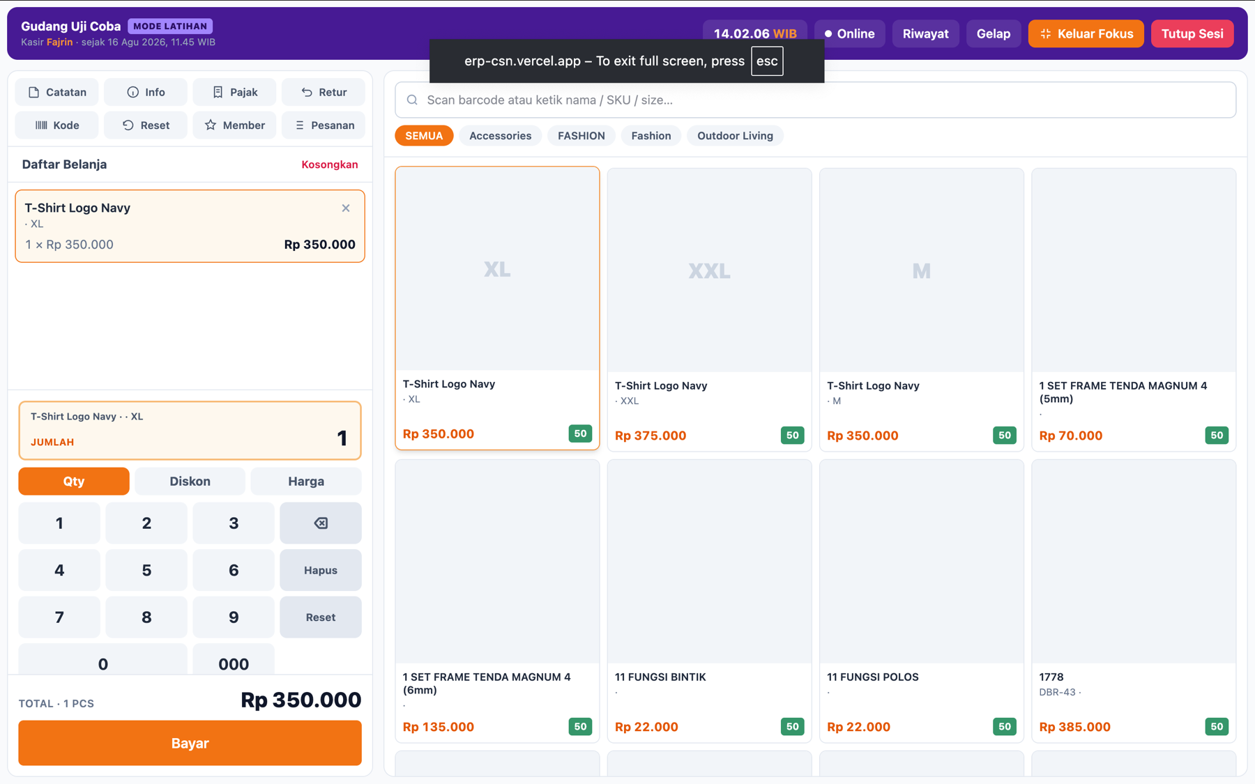 Point of Sale layar penuh pada sistem ERP Retail Consina