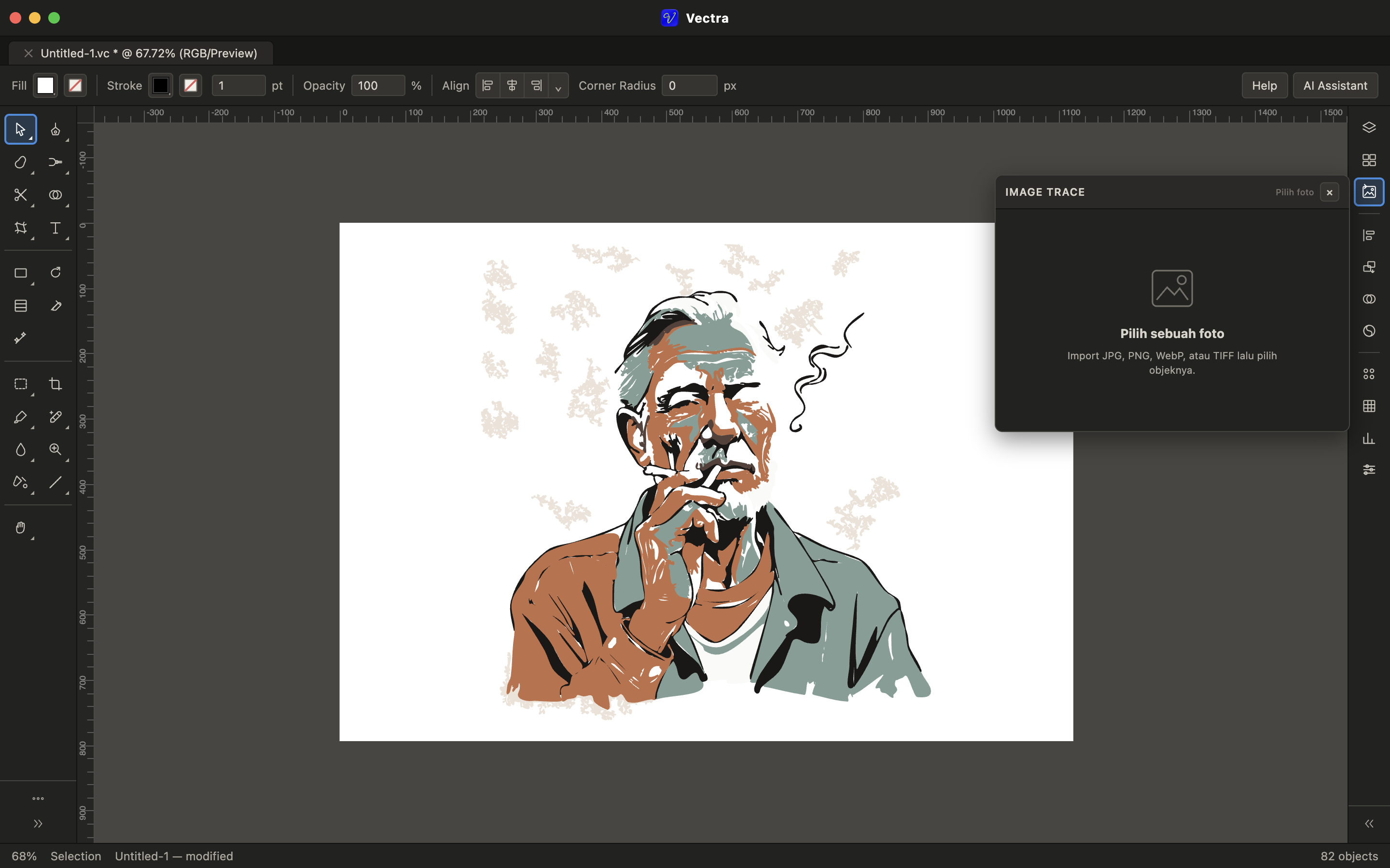 Panel Image Trace Vectra untuk mengimpor JPG, PNG, WebP, atau TIFF